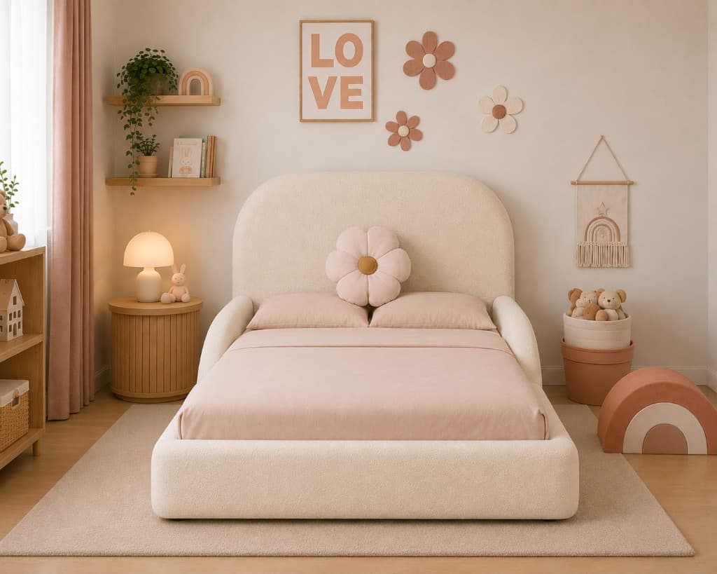 Soft cream and blush upholstered kids bed in a playful bedroom