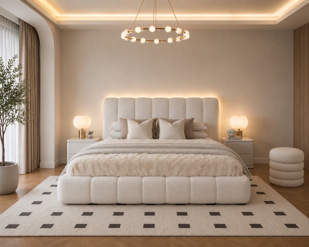 Cream upholstered wingback bed with curved padded headboard