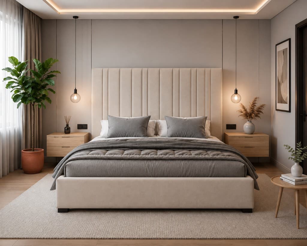 Handcrafted cream upholstered bed styled in a luxury bedroom