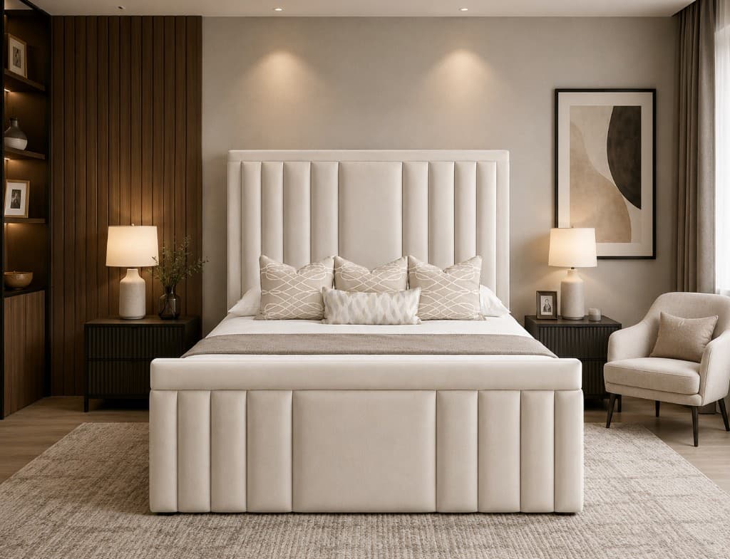 Luxury upholstered TV bed with screen lift in a calm bedroom