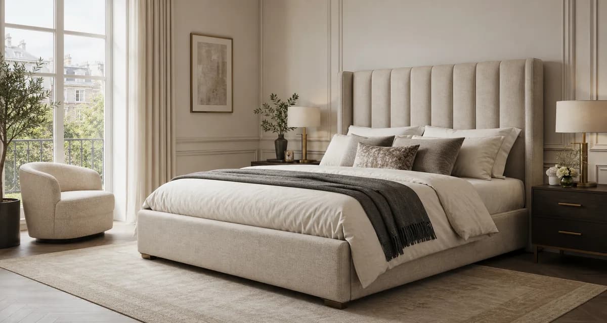 Luxury upholstered British bed in a warm showroom bedroom